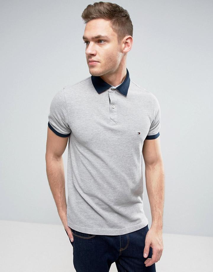 Tommy Hilfiger Contrast Cuff Polo Logo Collar Reverse Slim Fit In Gray Marl - Gray