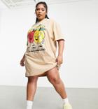 Collusion Plus Exclusive Cartoon Print Slub T-shirt Dress In Sand-neutral