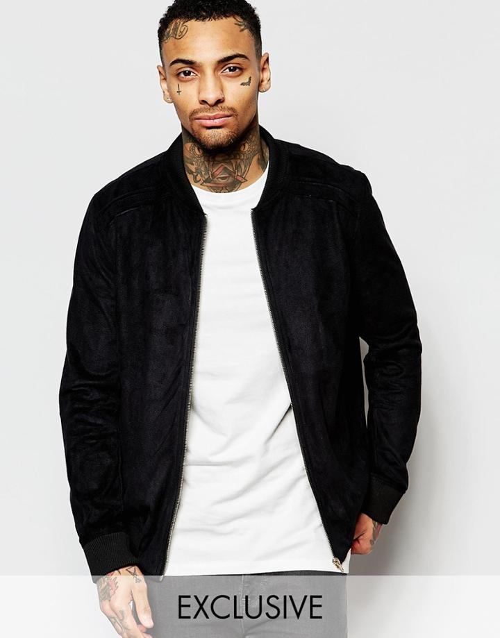 Liquor & Poker Faux Suede Bomber Jacket In Black - Black