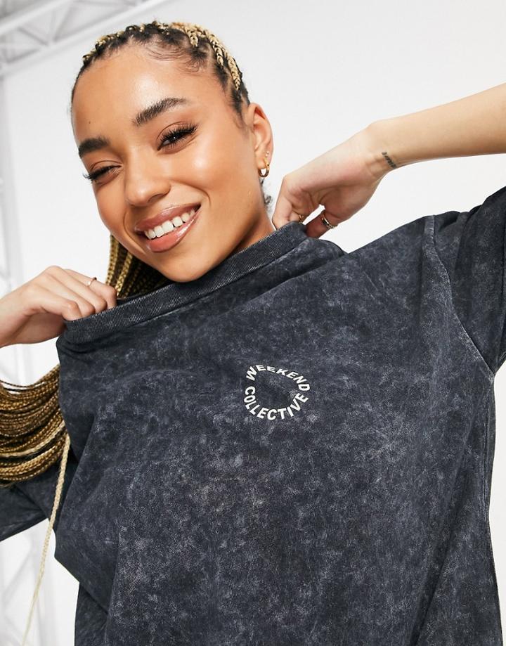 Asos Weekend Collective Oversized T-shirt Set With Gloss Print Logo In Charcoal-gray
