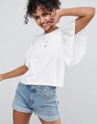 Asos Design T-shirt With Flutter Sleeve In Broderie - White