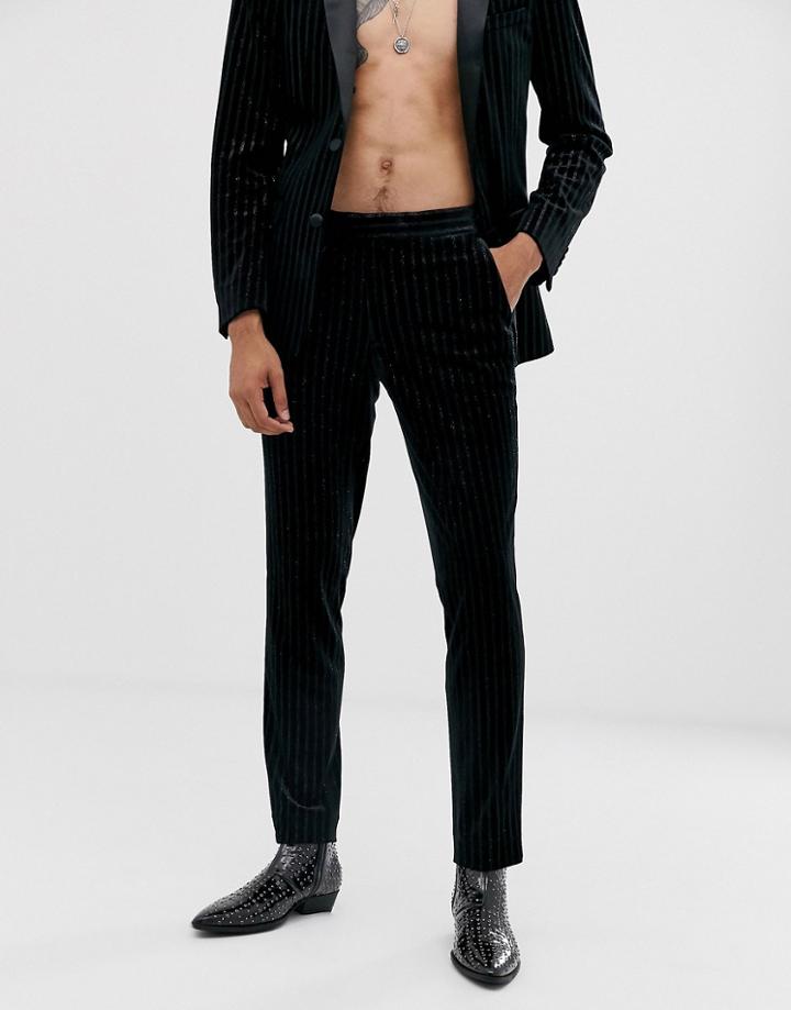 Asos Design Skinny Suit Pants In Glitter Velvet Stripe-black