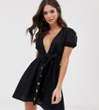 Influence Tall Tie Waist Mini Dress With Puff Sleeve - Black
