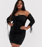 Club L London Plus Lace Up Plunge Front Long Sleeve Ruched Mini Dress In Black - Black
