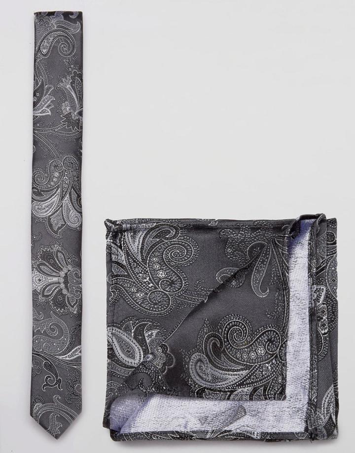 Asos Silk Mix Paisley Tie And Pocket Square Pack - Gray