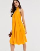 Asos Design Backless Halter Pleated Midi Dress-yellow