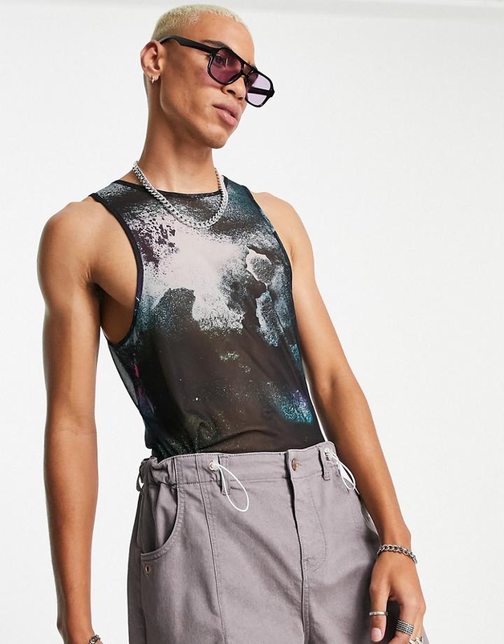 Asos Design Muscle Fit Tank Top In All Over Blur Print Recycled Polyester Mesh-multi