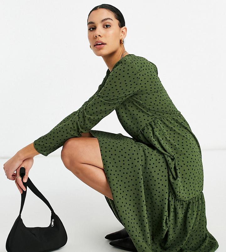 Asos Design Tall Long Sleeve Tiered Smock Midi Dress In Khaki Spot-multi