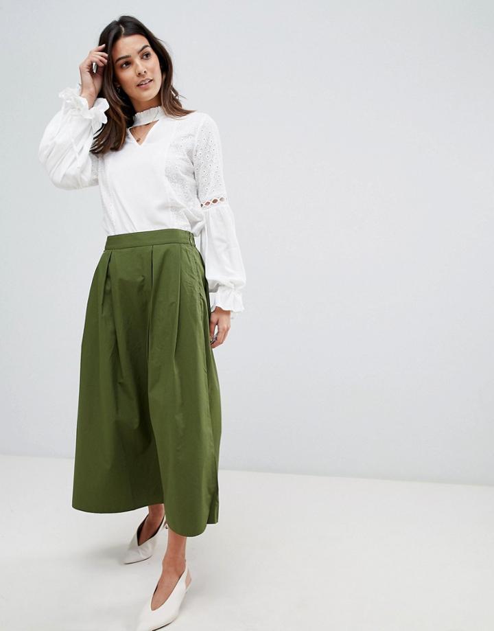 Vila Pleat Detail Midi Skirt - Green