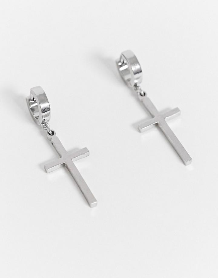 Asos Design 7mm Hoop Earrings With Cross Charms In Silver Tone