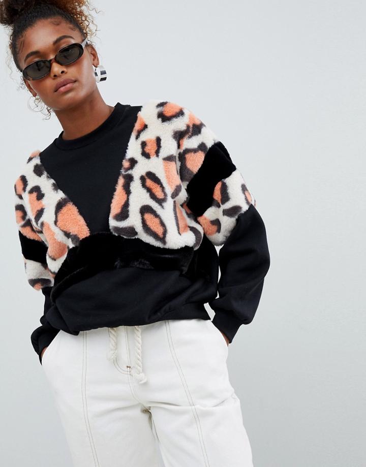 Bershka Fur Detail Sweat Top - Black