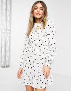 New Look Tie Neck Ruffle Detail Mini Dress In White Polka Dot