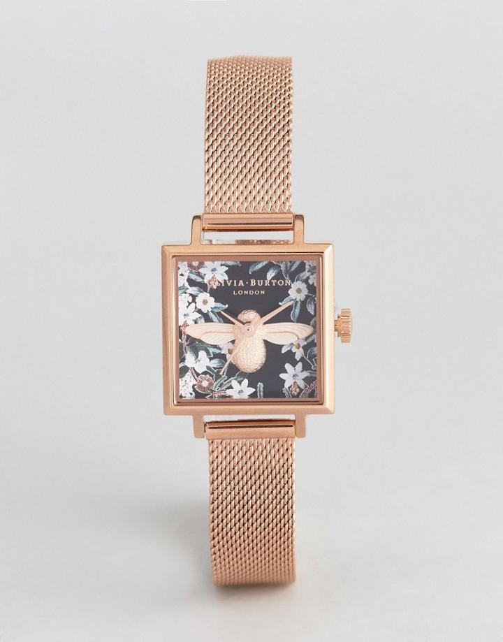 Olivia Burton Ob16am134 Bejewelled Floral Square Mesh Watch In Rose Gold - Gold