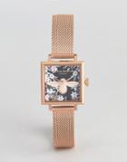 Olivia Burton Ob16am134 Bejewelled Floral Square Mesh Watch In Rose Gold - Gold