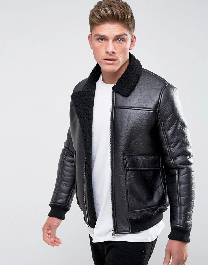 Barney's Originals Faux Leather Fleece Collar And Lining Jacket - Black