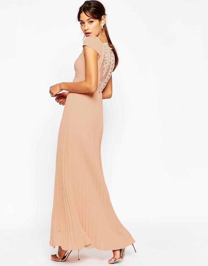 Asos Wedding Lace Back Pleated Maxi Dress - Nude