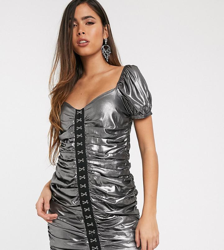 Skylar Rose Ruched Mini Dress With Balloon Sleeves In Silver Metallic