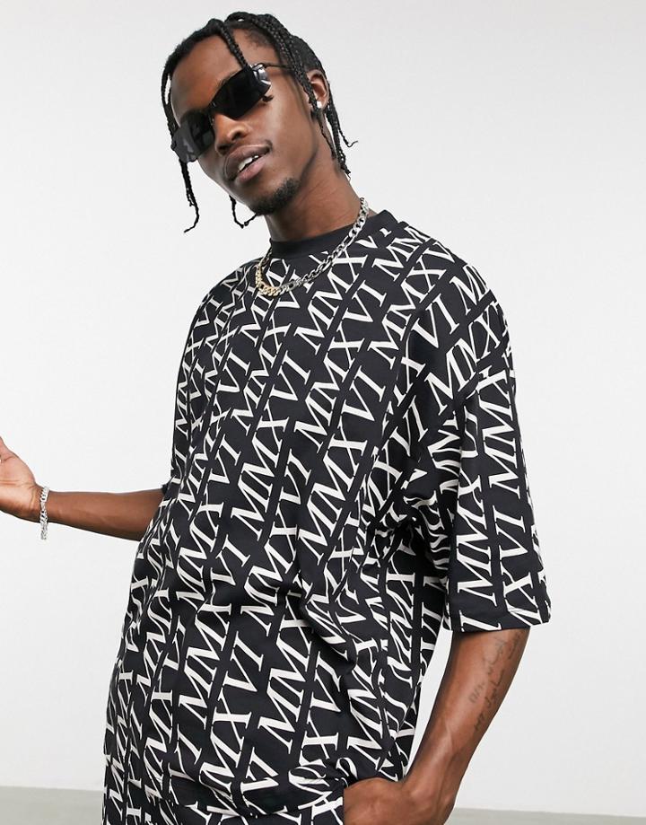 Asos Design Oversized T-shirt Set In Black With All Over Roman Numeral Print