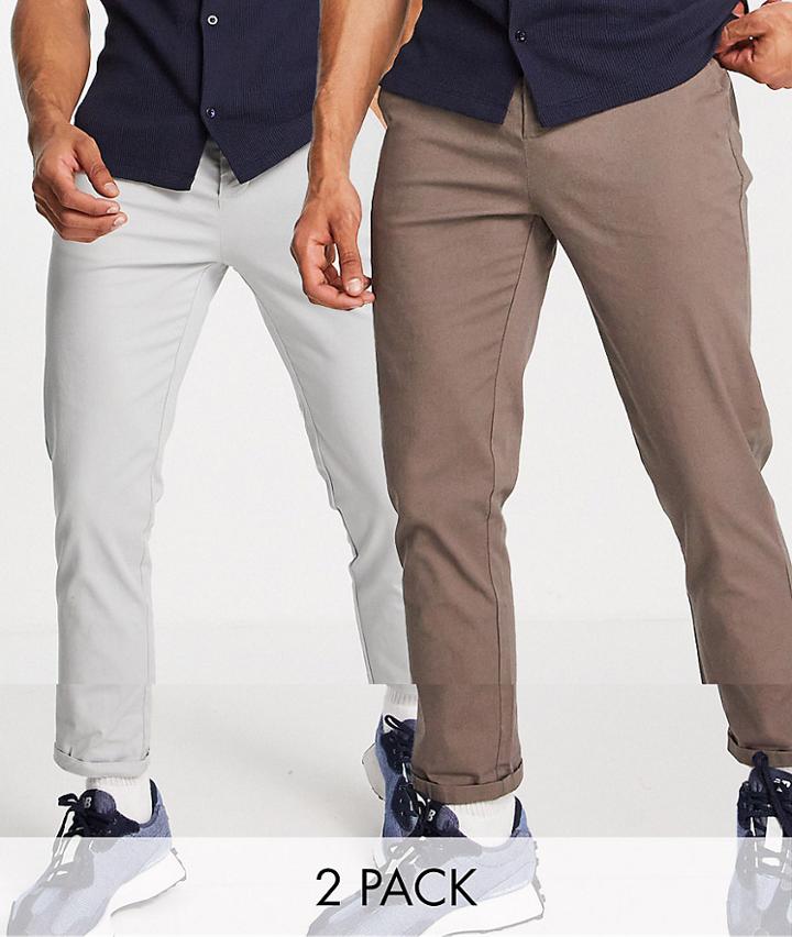 Asos Design 2-pack Slim Chinos In Brown And Light Gray - Save-multi