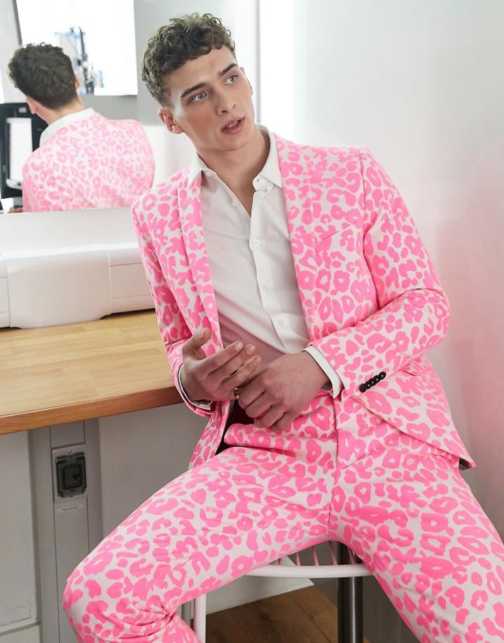 Twisted Tailor Garcia Skinny Fit Suit Jacket In Light Pink With Leopard Flocking
