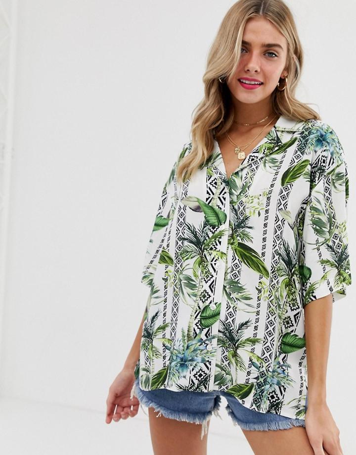Asos Design Short Sleeve Longline Shirt In Hawaiian Tropical Print - Multi
