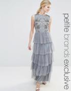Maya Petite Sleeveless Maxi Dress With Embellished Bodice And Ruffle Skirt - Gray