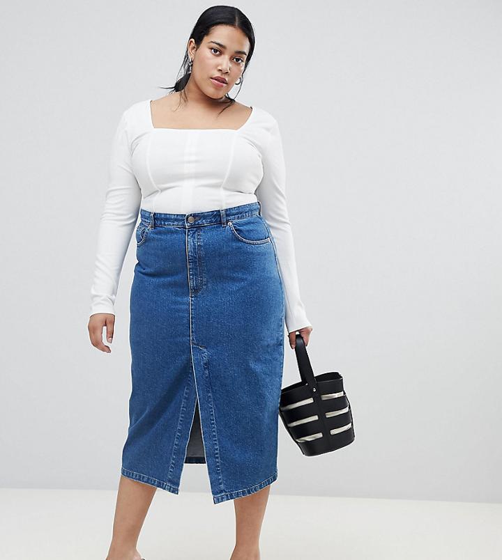 Asos Design Curve Denim Midi Skirt With Split Front In Midwash Blue - Blue