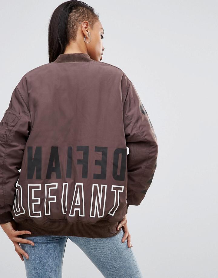 Asos Oversized Bomber Jacket With Logo Print - Brown