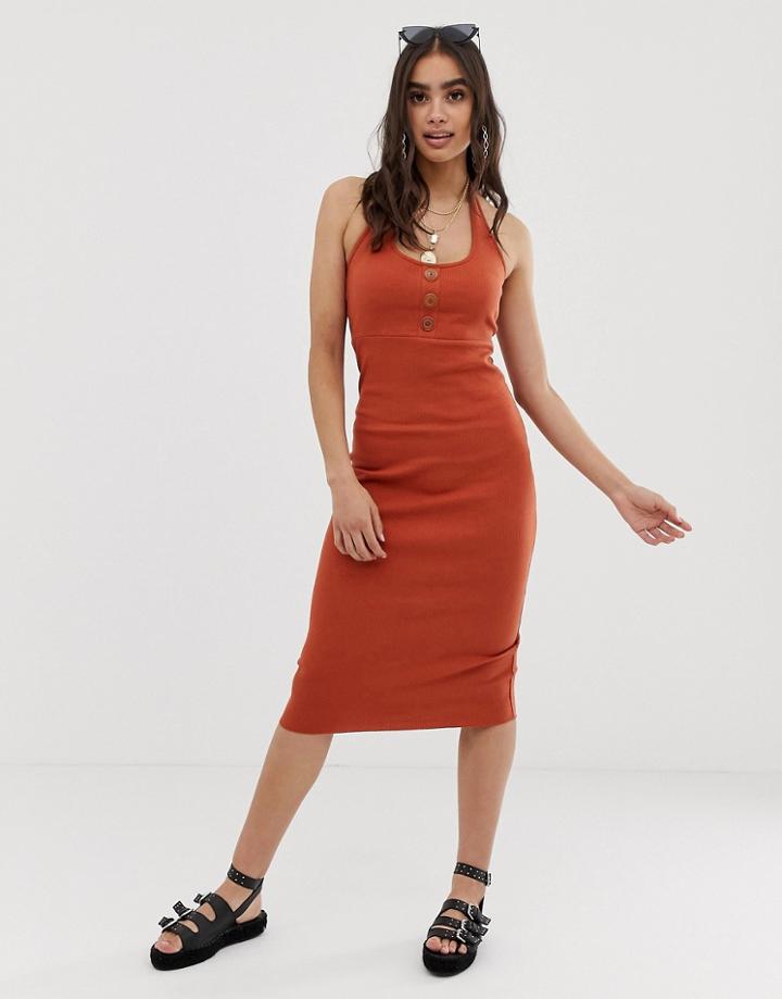 Asos Design Midi Rib Halter Dress With Button Front - Orange