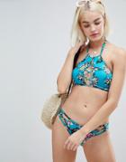 New Look Tropical Lace Up Crop Bikini Top - Green