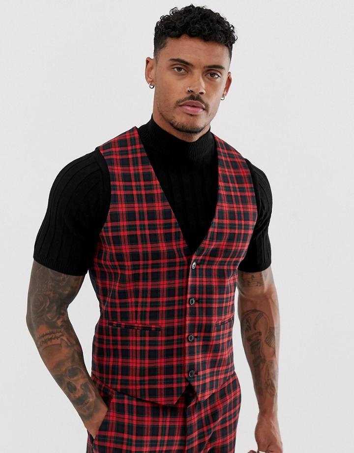 Asos Design Super Skinny Suit Vest In Red Plaid Check - Red