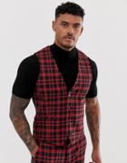 Asos Design Super Skinny Suit Vest In Red Plaid Check - Red