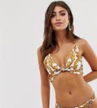 Boohoo Exclusive Knot Front Bikini Top In Chain Print - Multi