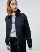 Schott Padded Jacket With Hood Lining And Faux Fur Collar - Black