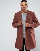 Asos Wool Mix Double Breasted Overcoat In Rust - Brown