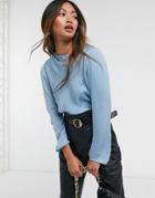Asos Design Long Sleeve Satin Top With Shoulder Pads In Powder Blue-no Color