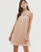Asos Design Sleeveless Trapeze Pleated Mini Swing Dress With Embellished Yoke - Pink