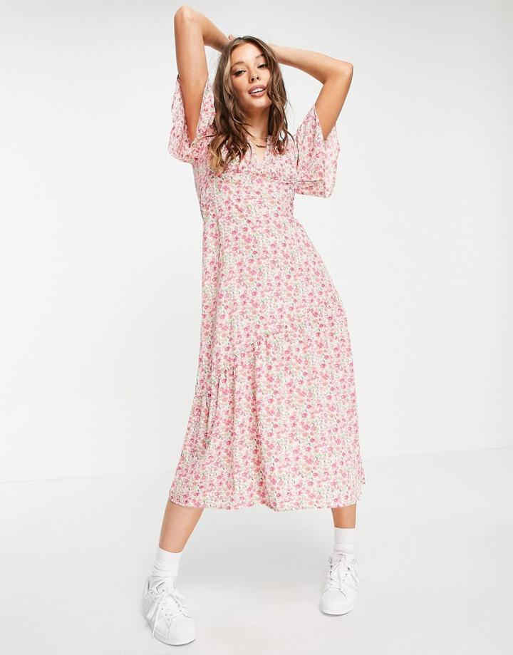 Qed London Midi Dress With Frill Hem In Floral Print-pink