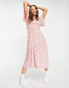 Qed London Midi Dress With Frill Hem In Floral Print-pink