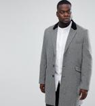 Asos Plus Wool Mix Overcoat In Herringbone With Velvet Collar - Gray
