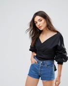 Qed London Puff Sleeve Ballet Wrap Top - White