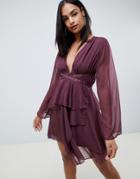 Asos Design Soft Mini Dress With Waist Detail-purple