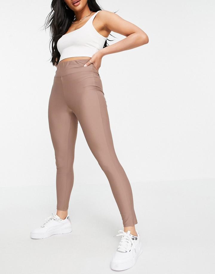 Asos Design Hourglass Deep Waistband Leggings In Matte Sheen In Taupe-neutral