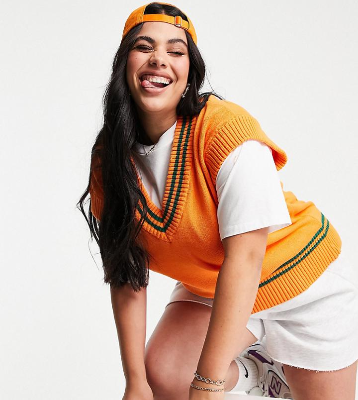 Native Youth Plus Oversized Sweater Vest In Varsity Knit-orange
