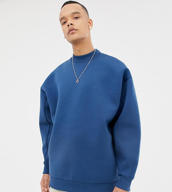 Asos White Tall Balloon Sweatshirt In Midnight Blue Scuba With Double Neck - Blue