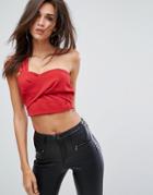 Fashion Union One Shoulder Crop Top With Wrap Front-red