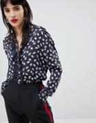 Custommade Ruffle Blouse In Leaf Print - Black
