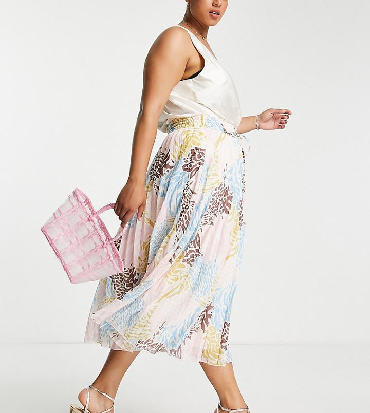 Asos Design Curve Pleated Midi Skirt With Shirred Wasitband In Multi Tonal Animal