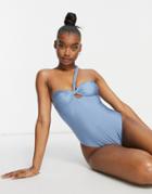 Asos Design Twist One Shoulder Swimsuit In Dusky Blue-blues