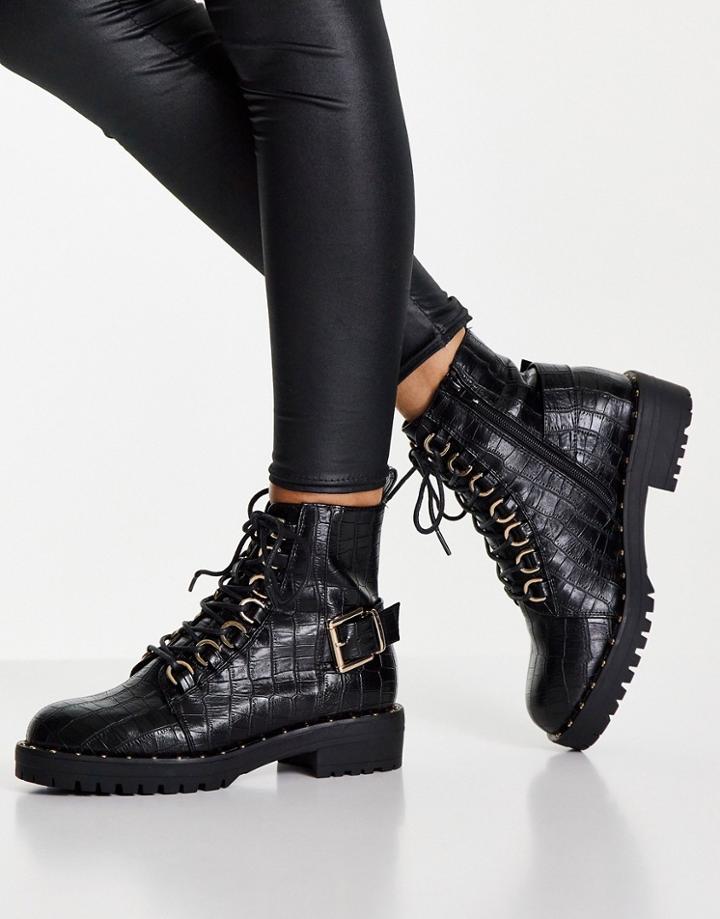Asos Design Aura Lace Up Hiker Boots In Black Croc